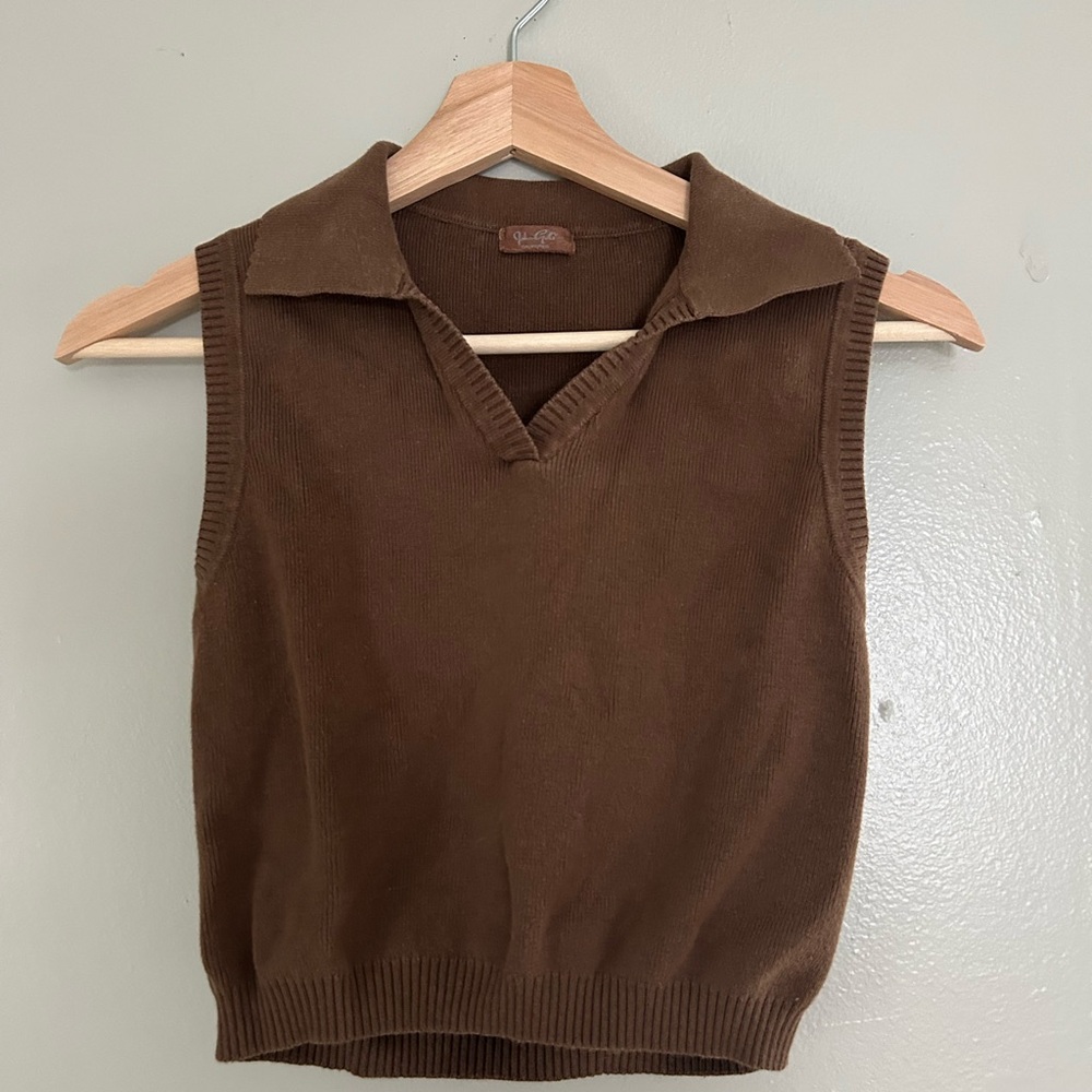 John Galt Brown Knit Sleeveless Vest with Collared V-Neck